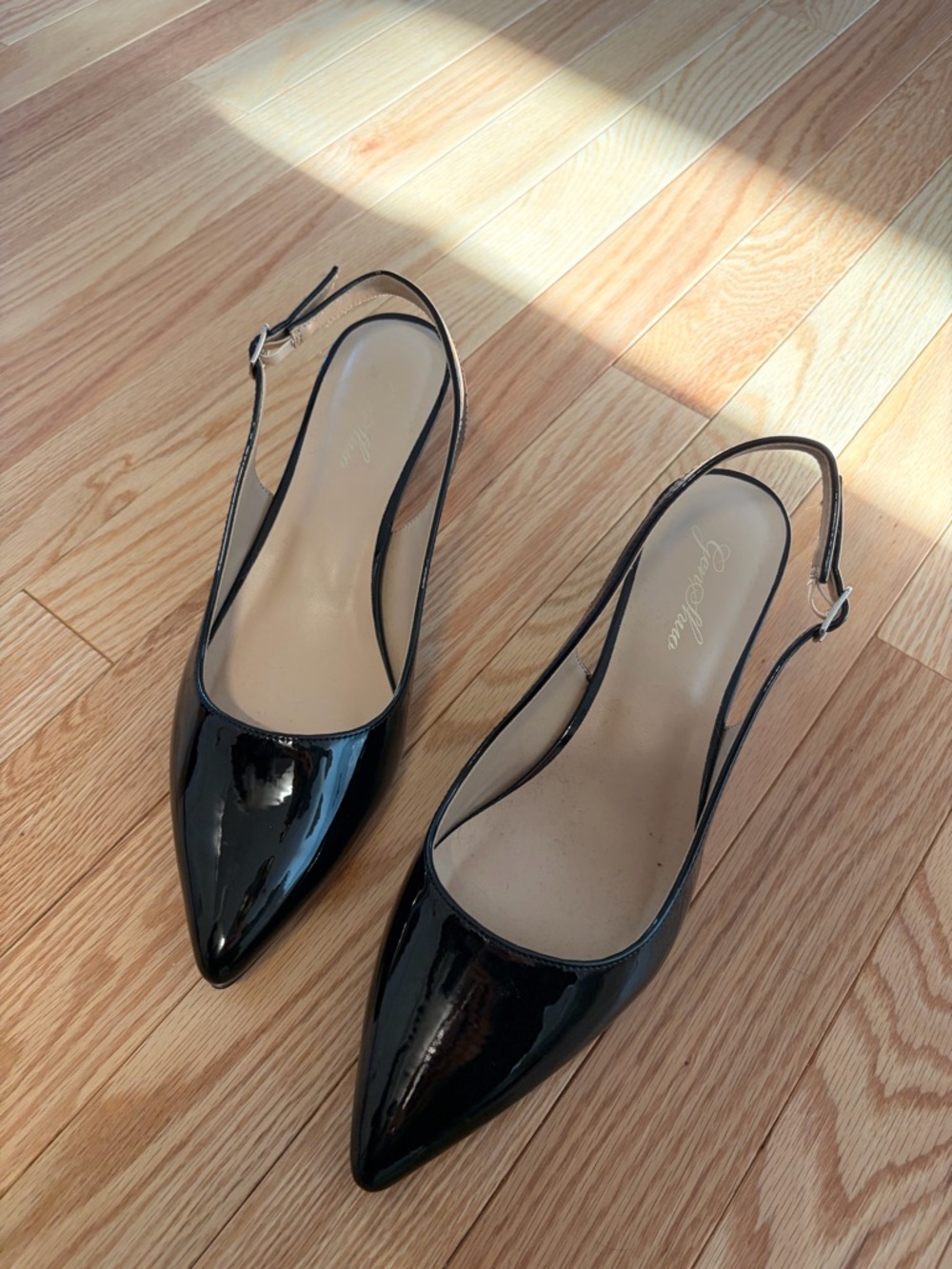 Black Patent Slingback Pointed-Toe Kitten Heels